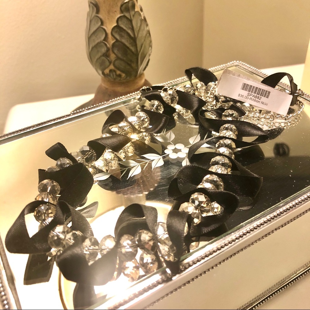 NWT Black Ribbon Crystal Necklace